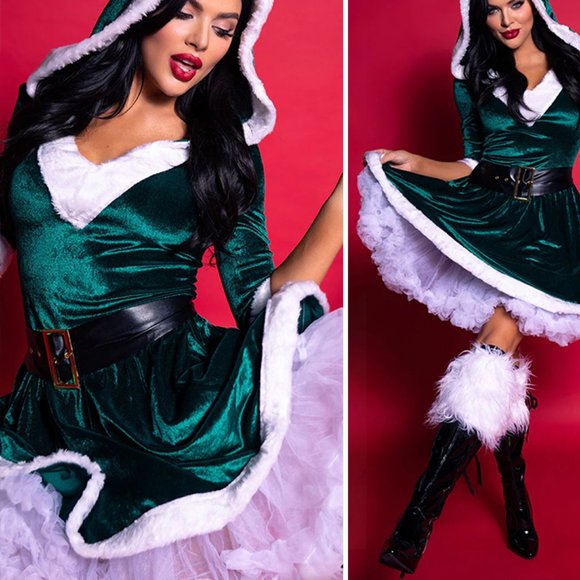 Santa’s Baby Mrs. Claus Plush Mini Dress 2-PC Costume in Green - Picture 5 of 9